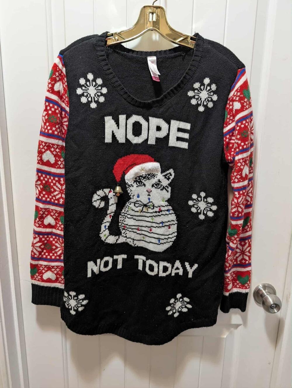 NO BOUNDARIES CHRISTMAS CAT WOMENS SWEATER UGLY CAT SHIRT XL